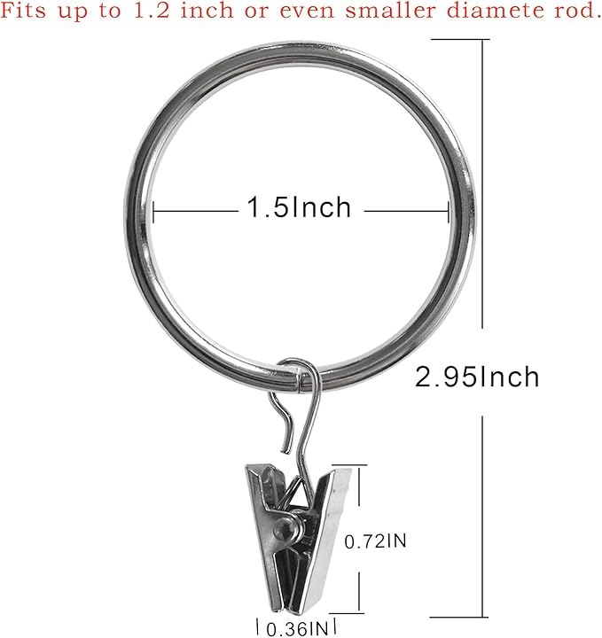 AMZSEVEN 40 Pack Metal Curtain Rings with Clips, Drapery Clips Hooks, Decorative Curtain Rod Clips 1.5 in Interior Diameter, Silver