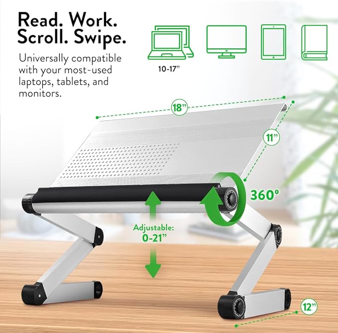 Uncaged Ergonomics Adjustable Book Holder, Tablet & Laptop Stand, Aluminum Portable Reading Stand for Textbooks & Cookbooks, Recipe Holder for Kitchen Counter, Silver