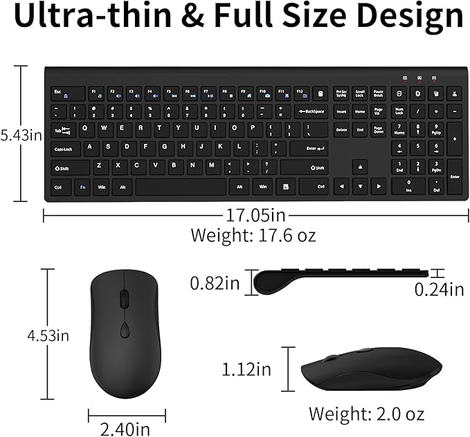 Wireless Keyboard and Mouse Combo, Silent Full-Size Computer Keyboard with Calculator Button, 2400 DPI Mice, Quiet Click, Slim Cordless USB Set for Laptop PC Windows Mac - Black