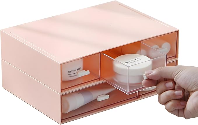 Desktop Organiser with 5 Drawers, Stackable Plastic Storage Box on Desk, Small Drawers Storage Unit for Home Collection, Cosmetics, Office Supplies (2 Flat Layers, Pink)
