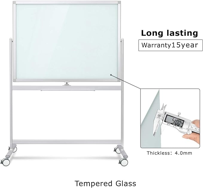 Mobile Glass Whiteboard, Magnetic Double-Sided Easel Style Glass Dry Erase White Board with Wheels - 48 x 36 Large Rolling Board Planner with Stand for Office, Classroom, School, Home.
