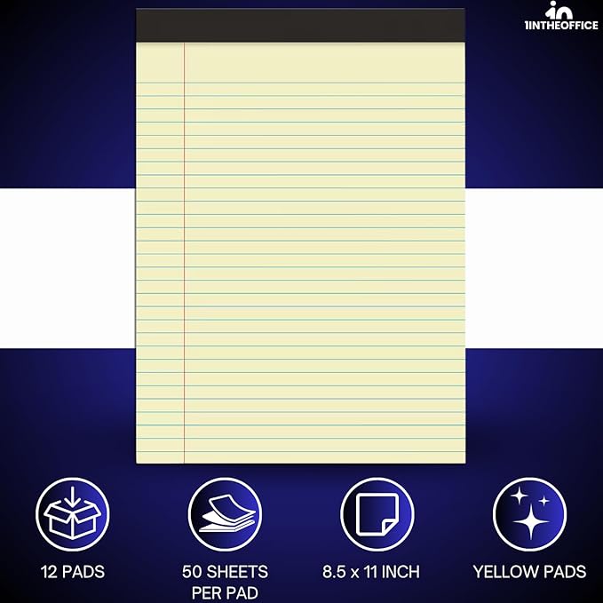 1InTheOffice Yellow Legal pads 8.5 x 11, Perforated Wide Ruled Writing Pads, Yellow Legal Pads 50 Sheets per Notepads, 12/Pack