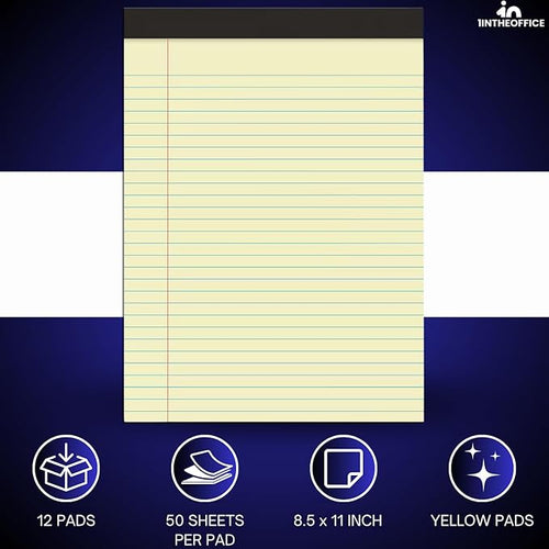 1InTheOffice Yellow Legal pads 8.5 x 11, Perforated Wide Ruled Writing Pads, Yellow Legal Pads 50 Sheets per Notepads, 12/Pack