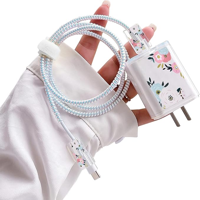 CameCosy Cute DIY Protectors Cable Protector for iPhone Charger,Elegant White Flowers Pattern,Data Cable Charger Data Line Earphone Wire Saver for iPhone X 13 12 11 Pro Max