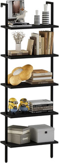 aboxoo Ladder Shelf Open 5-Tier Bookshelf Wall-Mounted Black Wood Bookcase Storage Rack Open Industrial Modern Plant Stand Utility Organizer Bookcase Metal Frame Furniture Office Bedroom