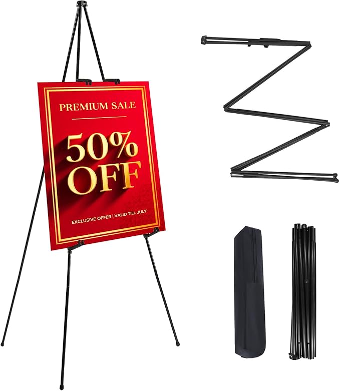 MXG Portable Folding Art Easel Stand for Sign,Painting&poster Display,66" Black Adjustable Height sign holder for Adults, Wedding, Classroom & Outdoor Use,with Wind Clips
