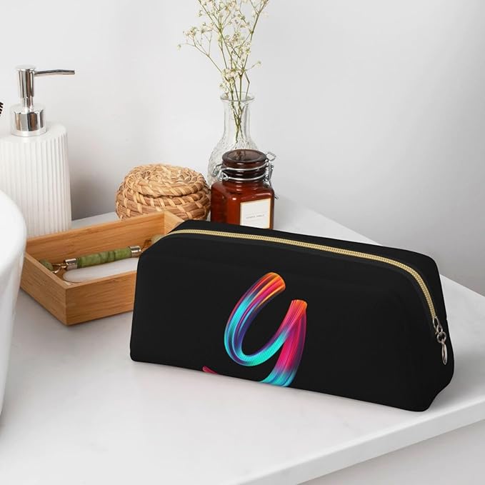 Cute Initial Pencil Case for Kids Simple Leather Pencil Pouch for Boys Girls Letter Design Pencil Box Pen Bag Pencil Pouch Office Stationery Organizer, Rainbow Letter Y