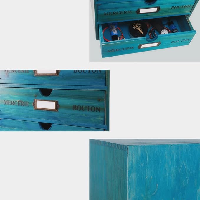 Wooden Storage Box with Drawers Vintage Office Supplies and Accessories Letter Tray Wood Desktop File Organizer 4 Tier Paper Sorter School Supply Holder Rustic Jewelry Box (LARGE BLUE)