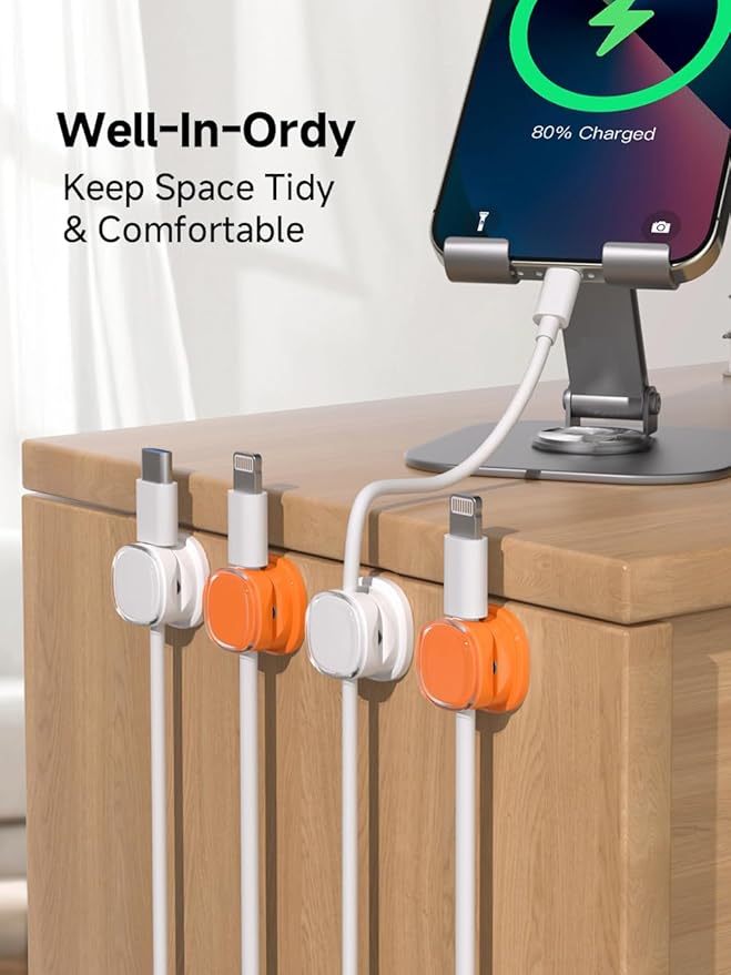 Magnetic Cable Clips, Adjustable Cord Holder Management, Adhesive Wire Keeper Organizer for Home Office Desk Phone PC Car Wall Desktop Nightstand Appliance (9-PCS White & Orange)