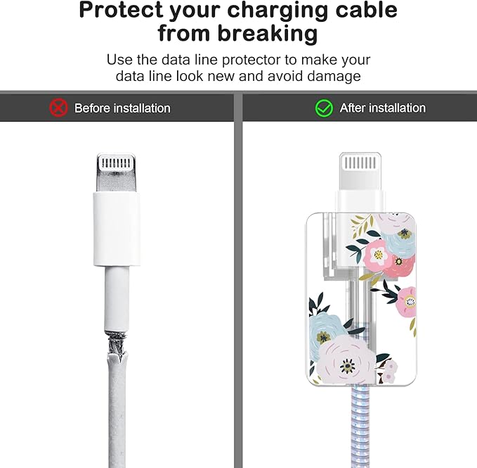 CameCosy Cute DIY Protectors Cable Protector for iPhone Charger,Elegant White Flowers Pattern,Data Cable Charger Data Line Earphone Wire Saver for iPhone X 13 12 11 Pro Max