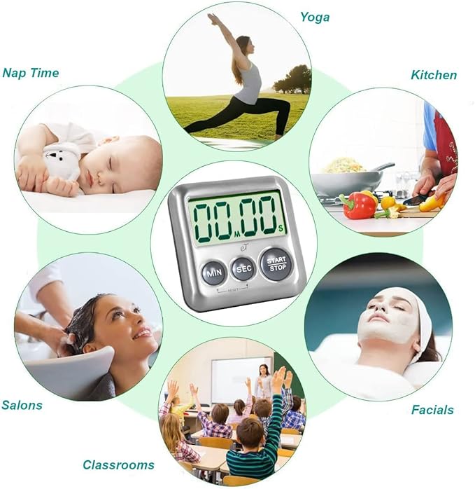 Elegant Digital Kitchen Timer Stainless Steel - Strong Magnetic Back - Kickstand - Loud Alarm - Large Display - Auto Memory - Auto Shut-Off (Charcoal 6-Pack)