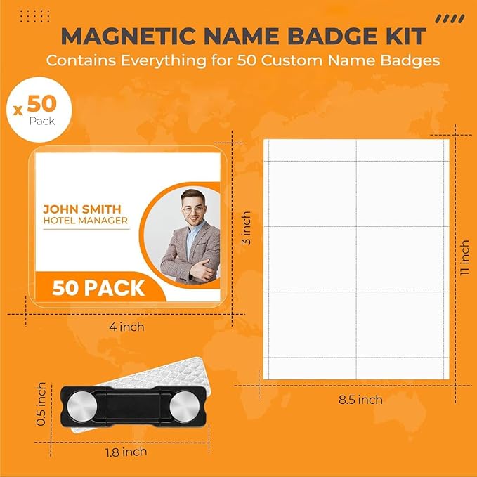 50 Pack of 4x3 Magnetic Name Badge Holders (White Printable Inserts Included) Customizable Magnetic Name Tags for Office, Conventions, School, and Events - Durable and Clear Plastic Name Tag Holder
