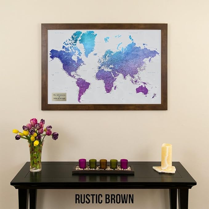 Personalized Vibrant Violet Watercolor World Travel Map with Rustic Brown Frame