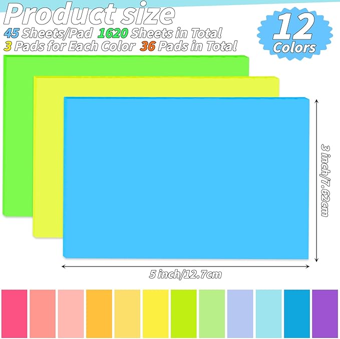 36 Pads Large Sticky Notes 3in x 5in, 12 Colors Adhesive Self-Stick Multicolor Memo Note Pads Bright Colorful Rectangle Sticky Notes for Office Home School Meeting Blank Desk Notebook 45 Sheets/pad