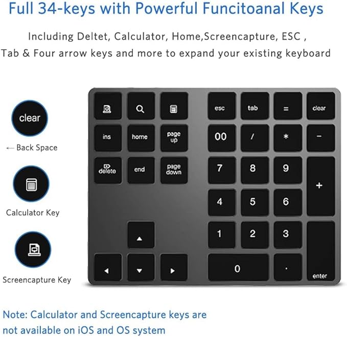 Bluetooth Number Pad, Aluminum Rechargeable Numeric Keypad Wireless 34-Keys Number Keyboard Shortcut Keypad Numpad Data Entry Compatible for iMac Windows