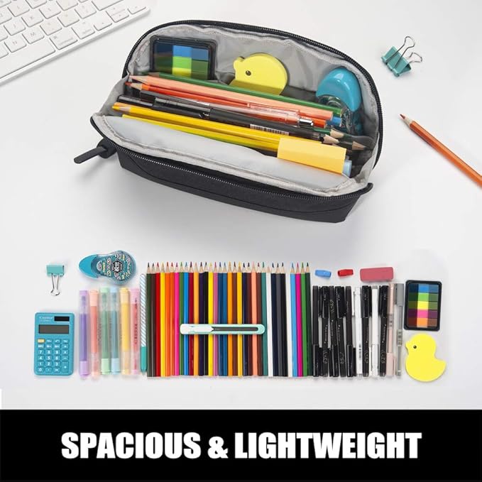 Sooez Wide-Opening Pencil Pen Case, Lightweight & Spacious Pencil Pouch Zipper Stationery Bag, Aesthetic Supply with Triangular Design for Adults, Black