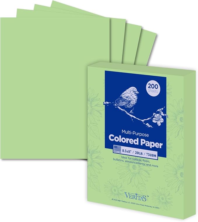 WritePads Veritas Colored Copy Paper, Green Colored Printer Paper 8.5” x 11”, 20 lb / 75 GSM, 200 Sheets (1 Reams) Computer Paper, Multi-Purpose paper, Made in USA