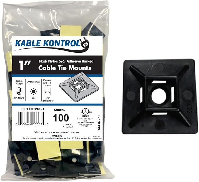 Kable Kontrol Zip Tie Mounts, 1” Sq, Black, 100 Pcs, Adhesive Backed Multi-Purpose UV-Resistant Mounting Squares Nylon Cable Tie Wrap Anchor Pads for Cable Management