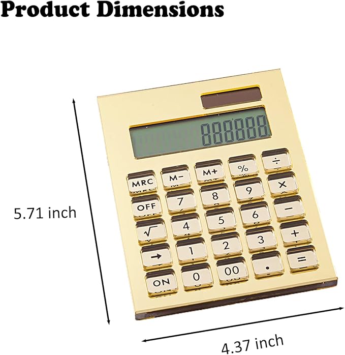 Gold Mirror Solar Power Acrylic Slim Calculator with Large LCD Display and Stand, 12-Digit Handheld Desktop Calculator for Office, School, Business