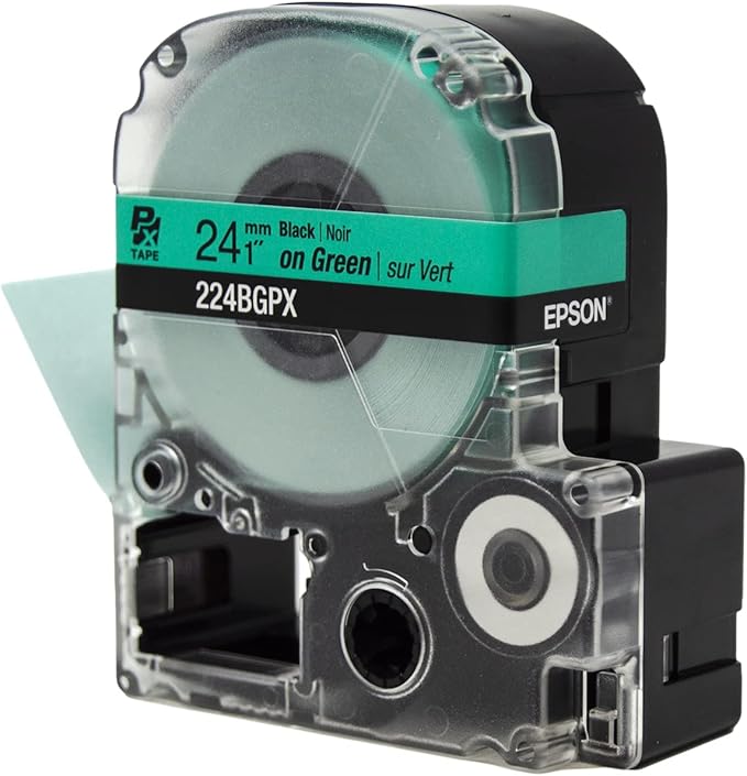 Epson LABELWORKS 224BGPX Genuine PET (Polyester) Tape Cartridge - Black on Green Label Maker Tape - 1" (24MM) Wide, 30'