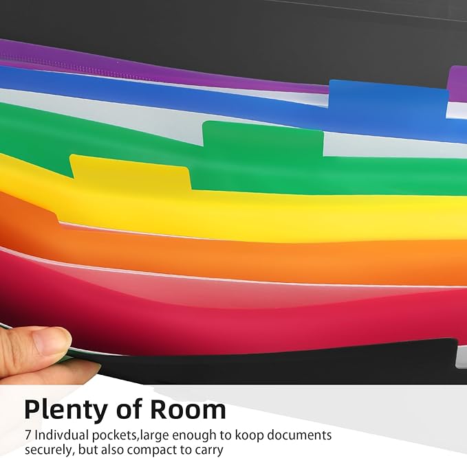 4 Pack 7 Pocket Accordian File Organizer with Labels, Expanding File Folder Plastic Expandable File Folder for Documents Letter Size A4 Papers