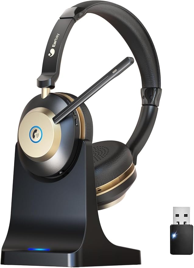 Earbay Wireless Headset, Bluetooth Headphones with Microphone Noise Canceling & USB Dongle, 50hrs Talk Time Headset with Mic Mute & Charging Dock for PC Computer Phone Teams Office Remote Work Call
