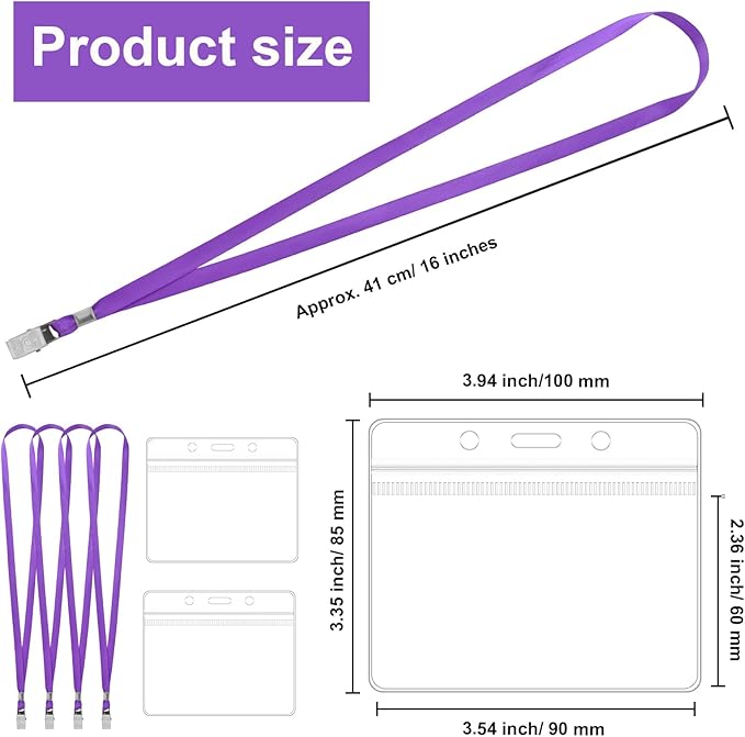100 Pcs Lanyards for ID Badges and 100 Pcs Clear Name Tag Holders Reusable Lanyard with Clip Plastic ID Card Badge Holder Name Badges for Adults Kids Business School Office Supplies (Purple)