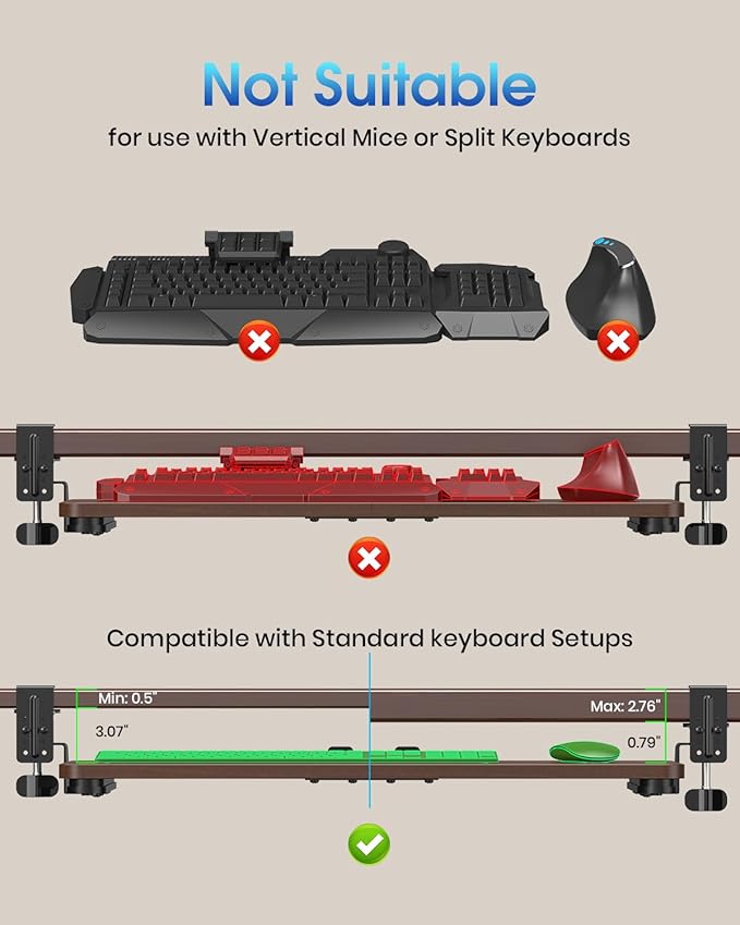 Large Keyboard Tray Under Desk, Pull Out Keyboard & Mouse Tray with Adjustable C-clamp, 25.6(31.5 Including Clamps) x 11.8 Inch Slide Out Computer Keyboard Drawer Mouse Tray for Typing, Walnut