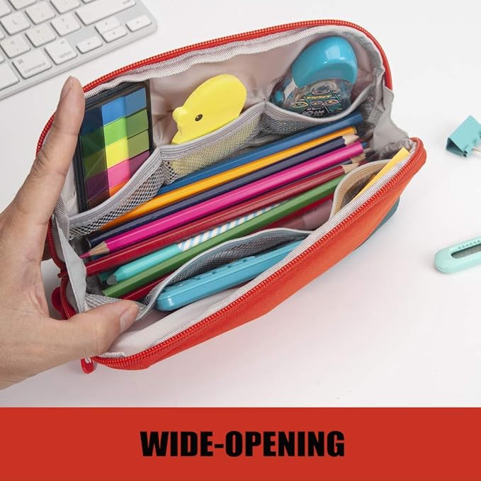 Sooez Wide-Opening Pencil Pen Case, Lightweight & Spacious Pencil Pouch Zipper Stationery Bag, Aesthetic Supply with Triangular Design for Adults, Orange