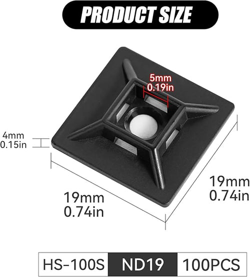 100Pcs Adhesive Zip Tie Mount, 3/4in Black Cable Tie Mount, Plastic Zip Tie Mounting Squares, Sturdy Zip Tie Sticky Mounting Pads for Cable Organizer (Black, 3/4"-100pcs)