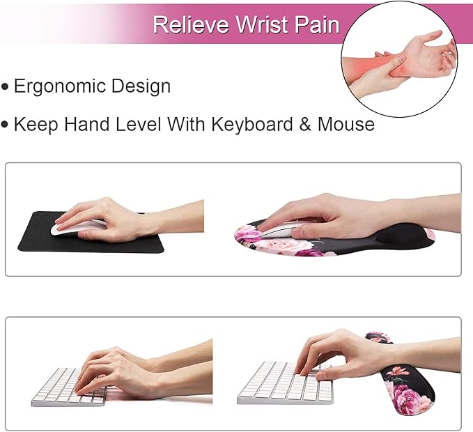 iLeadon Mouse Pad with Wrist Support Keyboard Wrist Rest Set, Ergonomic Mouse Pad with Non-Slip Base for Computer Laptop Home Office + Coasters, Easy Typing & Pain Relief Mouse Mat, Peony Flowers