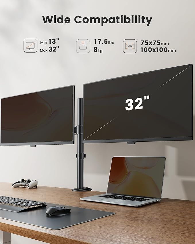 ErGear Dual Monitor Stand, Heavy Duty Adjustable Monitor Desk Mount for 2 Screens up to 32 Inches, Fully Adjustable Height, Tilt, Swivel, Rotate, Supports 17.6 lbs per Monitor Arm, Easy Installation