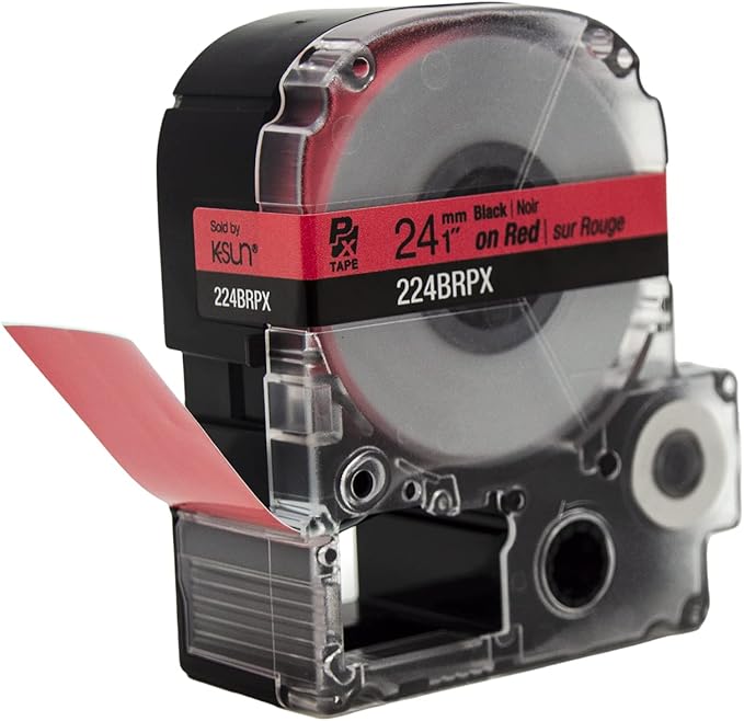 Epson LABELWORKS 224BRPX Genuine PET (Polyester) Tape Cartridge - Black on Red Label Maker Tape - 1" (24MM) Wide, 30'