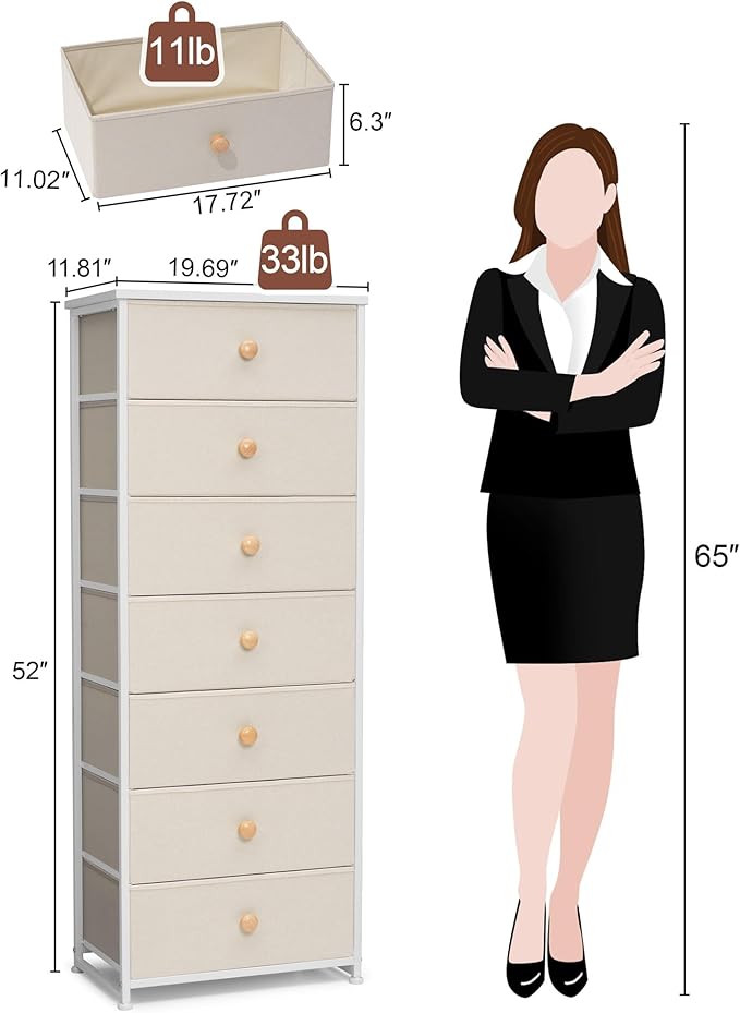 Crestlive Products Tall Dresser, 7-Drawer Fabric Storage Tower, Chests of Drawers - Vertical Organizer Unit for Bedroom, Hallway, Entryway, Nursery, Closets - Steel Frame, Wood Top & Handles (Beige)