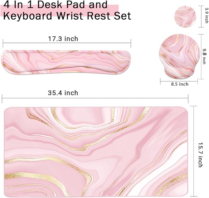 4-in-1 Gaming Mouse Pad Wrist Support Set，Desk Pad + Mouse Pad with Wrist Rest + Keyboard Wrist Rest + Coaster, Ergonomic Design for Home Office Study Game - Pink Fluid