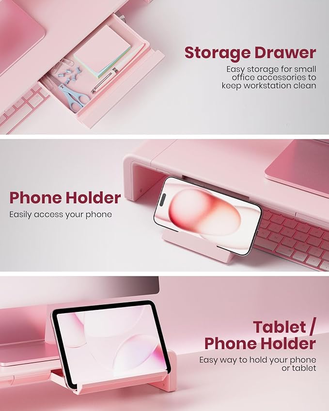 Pink Monitor Stand Riser, Klearlook Foldable, Height Adjustable Computer Stand, Desk Shelf Riser with Storage Drawer &Tablet Phone Stand for Desktop, Laptop