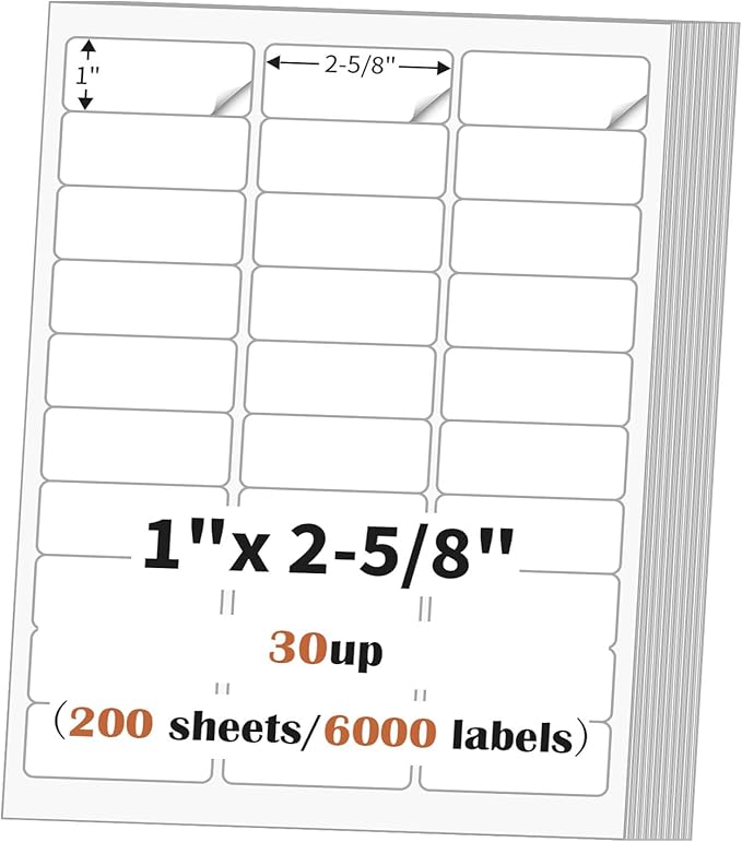 1" x 2 5/8" (200 Sheets) Address Labels Sticker Paper for Laser/Ink Jet Printer, Printable and Writable White Sticker Label- Matte, 30 per Page Label (Total 6000 Labels)