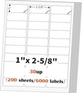 1" x 2 5/8" (200 Sheets) Address Labels Sticker Paper for Laser/Ink Jet Printer, Printable and Writable White Sticker Label- Matte, 30 per Page Label (Total 6000 Labels)