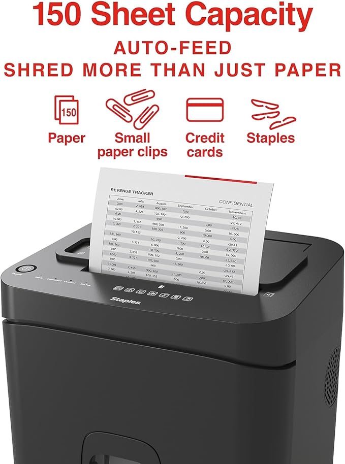 Staples Paper Shredder, 150-Sheet Micro-Cut Autofeed, Anti-Jam, for Office & Home Use with 7.4 Gallon Pull-Out Bin, Black