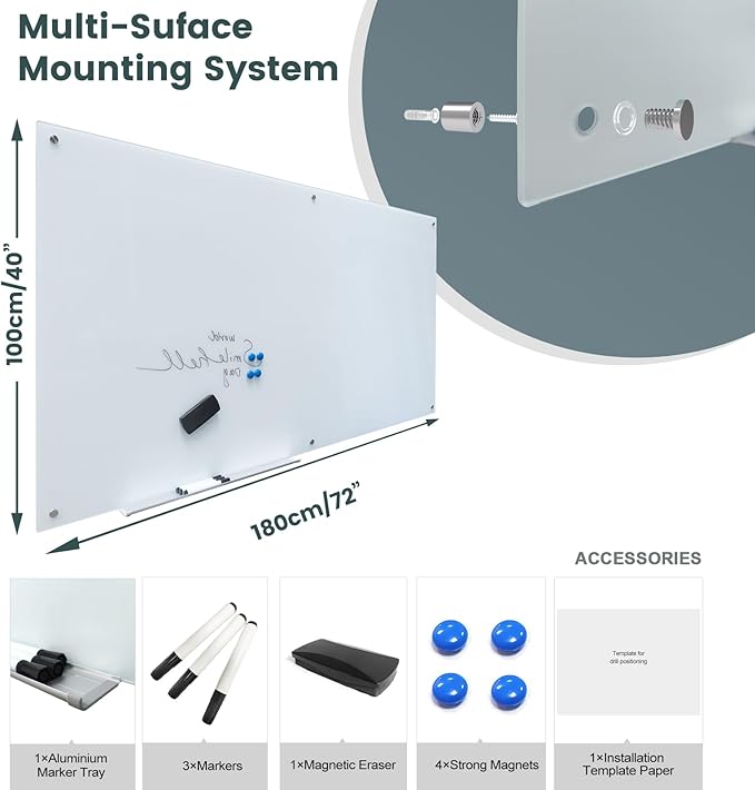 Magnetic Glass Dry Erase Board Frameless Wall Mounted White Board 40 * 72 WritingBoard Large Glass Board for Office School Home Accessory Tray, 3 Dry Erase Marker,4 Magnets and 1 Magnetic Eraser