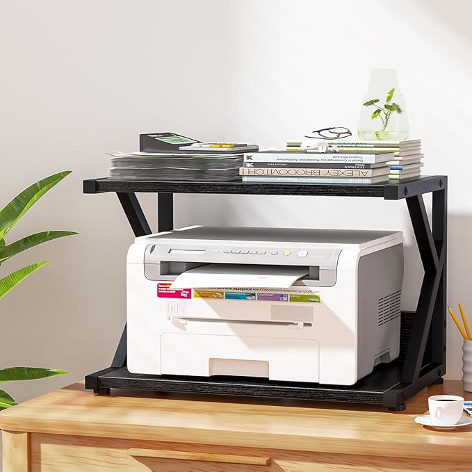aboxoo Desktop Printer Stand with 2 Tier Wood Storage Shelves,Under Desk Printer Table,Multi-Purpose Home Office Desk Organizer for Fax Machine, Scanner (Black)