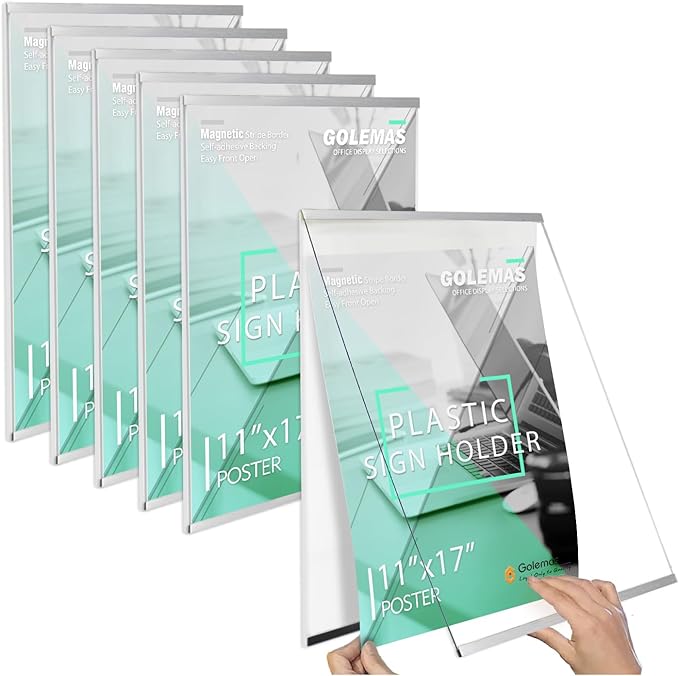 Acrylic Magnetic Sign Holder, Easy-Opening 11 x 17 Wall Mount Display Frames, Self Adhesive Back Plastic Clear Document Frame, Silver Aluminium Strips Frame (11 x 17, 6Pack)
