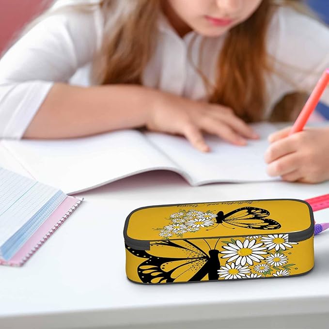 Butterfly Pencil Bag Daisy Flower Bright Yellow Big Capacity Pencil Case Pencil Pouch Pen Bag School Students Boy Girl