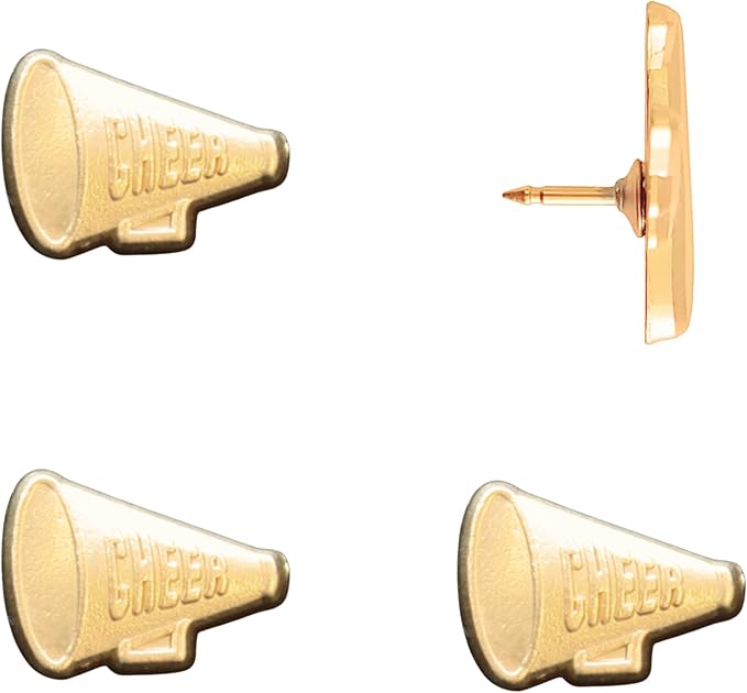 Cheer Megaphone Push Pins - Gold Cheerleading Megaphone Pins for Cork Boards, Maps, or Lapel Use - Designed in USA - Set of 4