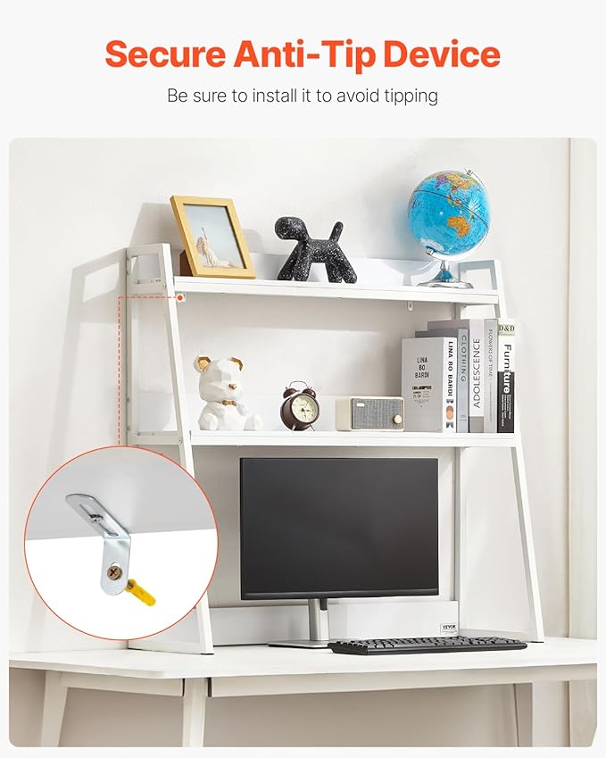 VEVOR Desktop Bookshelf, 2-Tier Desktop Storage Organizer, 37.4" x 12.6" x 35.4" Office Desk Storage Rack Display Shelf, Desktop Bookshelf Hutch with Anti-Slip Feet Pads for Office, Home & Dorm, White