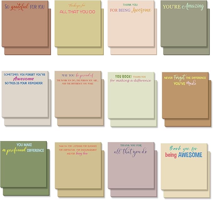 Yinder 24 Pcs Employee Appreciation Sticky Notes New Year Gift Bulk Motivation Sticky Note Pads Inspirational Gift for Teacher Nurse Staff Coworker Office Supply 3 x 3'' (Appreciation,Boho)