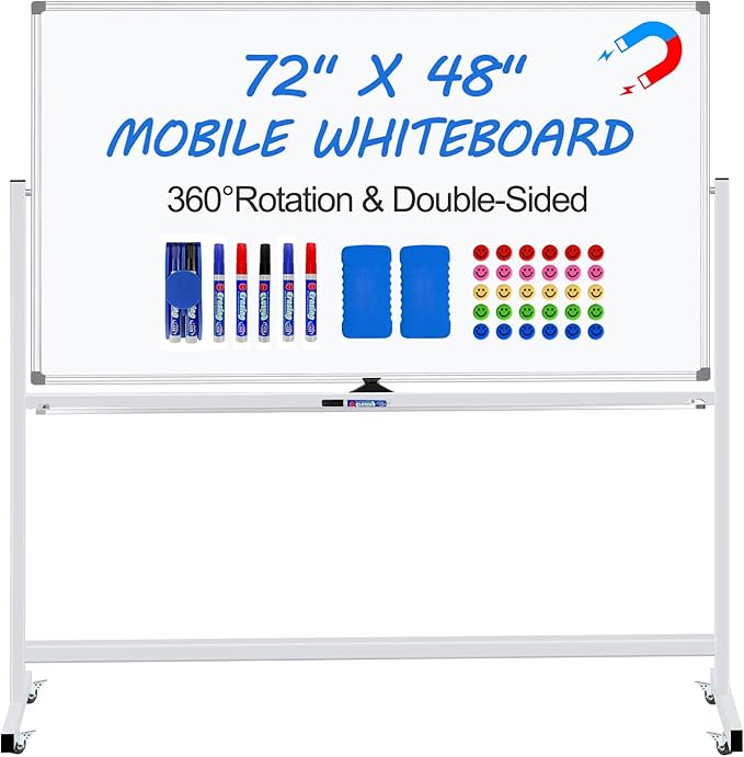Magnetic White Board Dry Erase Whiteboard with Rolling Stand 72"x48" Double-Sided Mobile Large White Board on Wheels, Including 3 Magnetic Erasers, 7 Markers, 30 Magnets