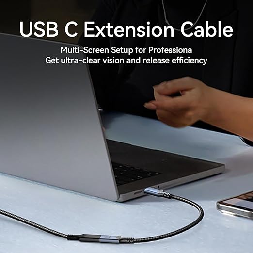 2ft/0.6M USB C to usb c Extension Cable Compatible with Thunderbolt 5, high Speed 80gbps Data Transfer,240w USB 5.0 type c Male to Female Extension Cable 5A Fast Charging,8K/16K Video Display