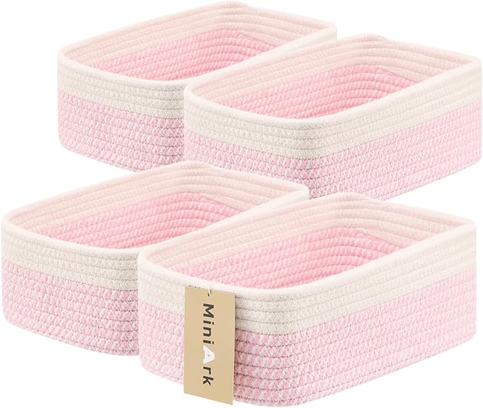 Small Storage Baskets for Organizing | Closet Organizer Bins | Shelf Toy Basket | Woven Rope Baskets | Cube Decorative Box | Shallow Basket | 11.5x7.5x4.7” | 4 Packs White Pink