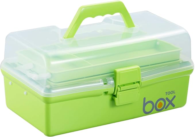 12'' Three-Layer Clear Plastic Storage Box/Tool Box, Multipurpose Organizer and Portable Handled Storage Case for Art Craft and Cosmetic (Green)